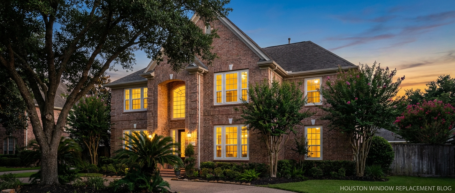 Houston home with beautiful replacement windows at twilight