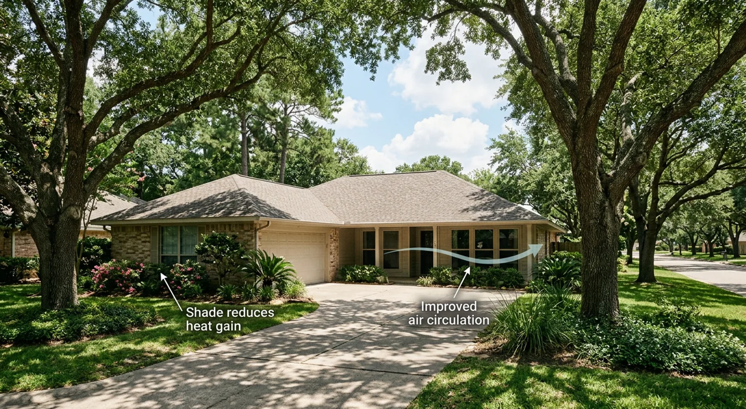 A Houston home naturally cooled by a dense, mature tree canopy, with annotations highlighting how shade reduces heat gain and improves air circulation, illustrating energy efficiency.