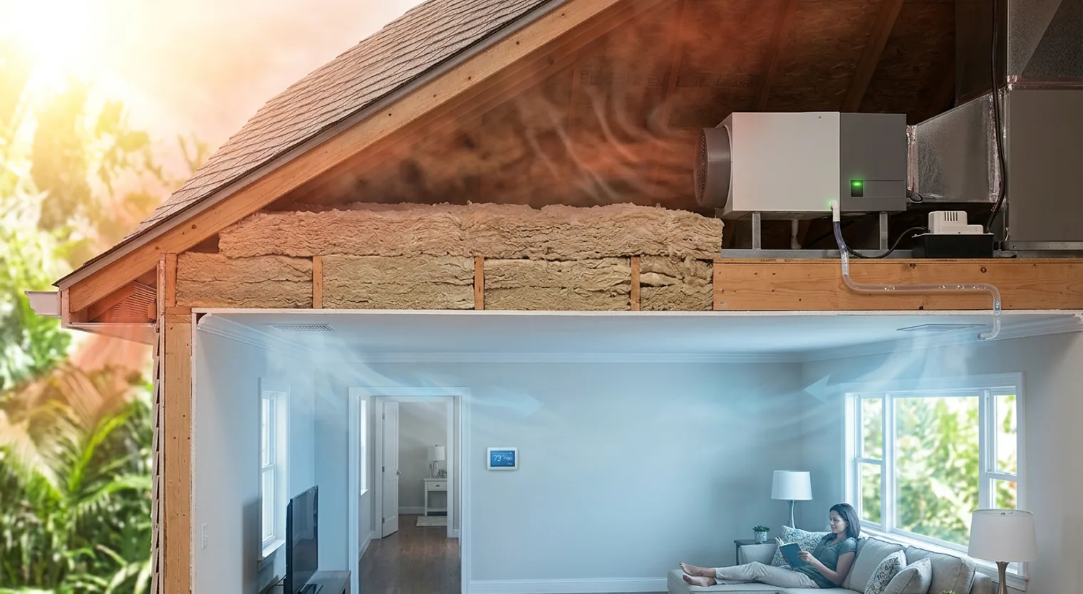 Cutaway illustration of a home attic with new, thick insulation preventing heat transfer, and an icon representing a whole-home dehumidifier maintaining ideal indoor climate.