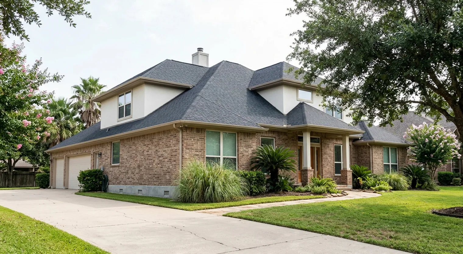 A sturdy, well-maintained Houston home with a strong roof and visible foundation, representing protection of structural integrity and property value.