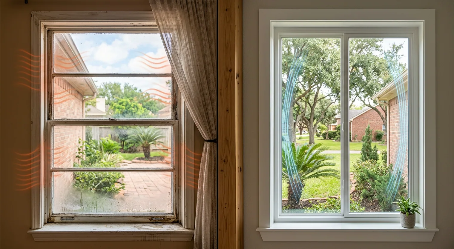 Comparison of an old, inefficient single-pane window losing heat versus a new, energy-efficient double-pane window retaining heat, highlighting energy savings.