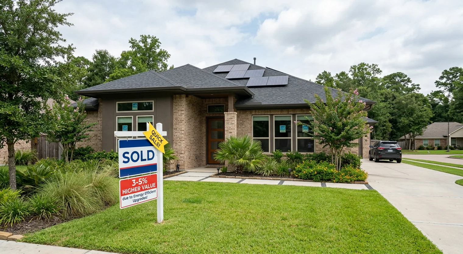 An attractive, energy-efficient home in Houston with a 'SOLD' sign, symbolizing higher market value and quicker sale due to upgrades.