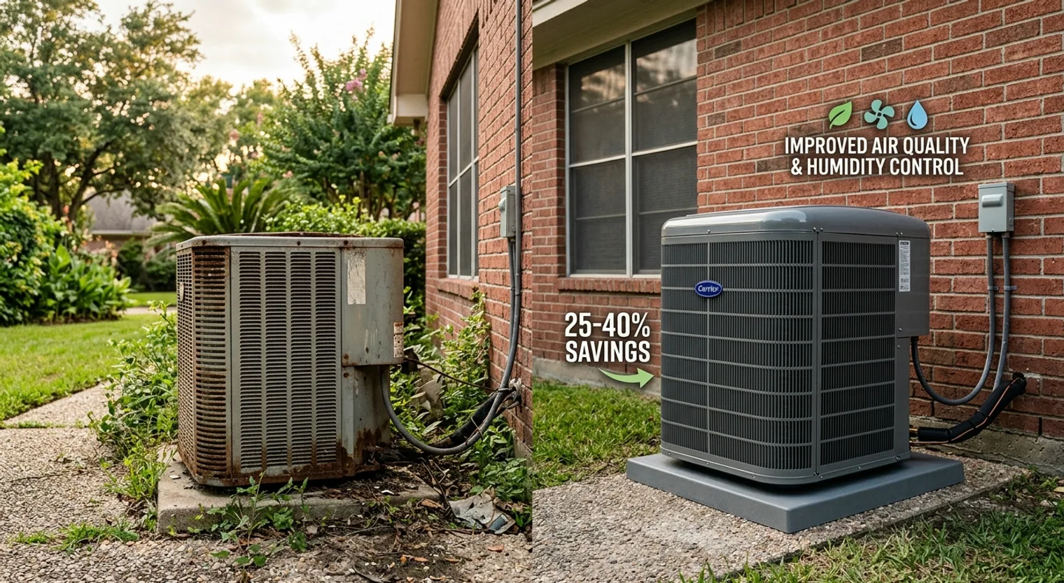 Comparison of an old, inefficient HVAC unit versus a new, high-efficiency unit, highlighting energy savings and improved indoor air quality.