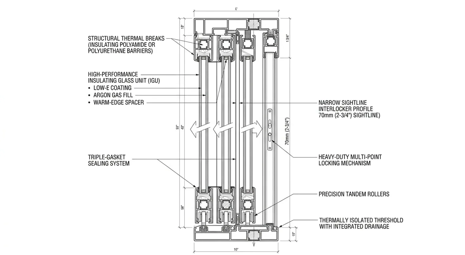 Architectural diagram of a multi-slide door, showing its narrow frame, multiple sliding panels, and cross-sectional details of thermal breaks and glazing for superior energy efficiency.