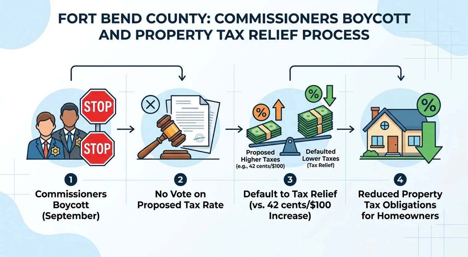 A process diagram showing the sequence: Commissioners Boycott (September) -> No Vote on Proposed Tax Rate -> Default to Tax Relief (vs. 42 cents/$100 Increase) -> Reduced Property Tax Obligations for Homeowners.