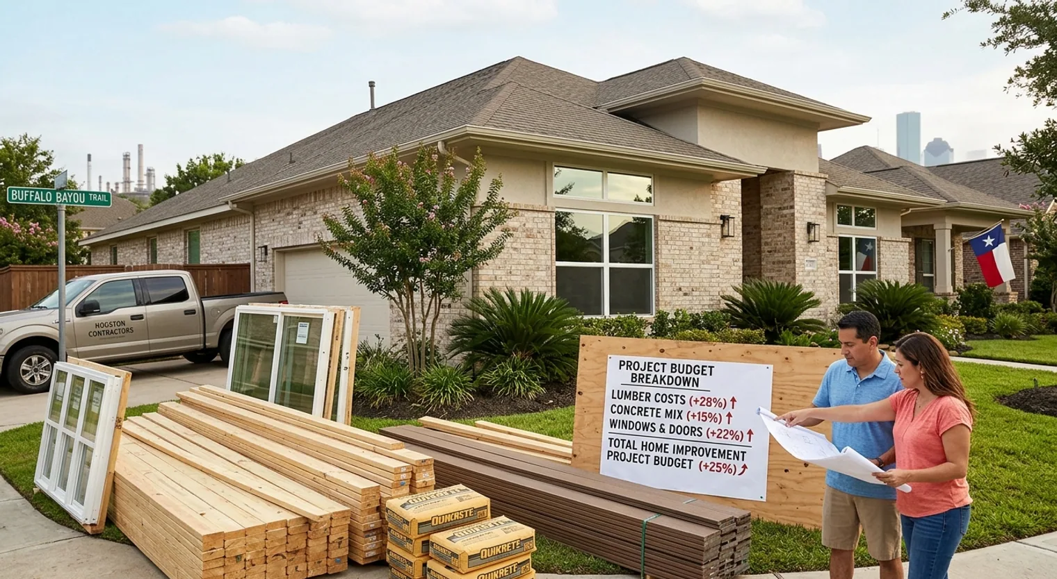A process diagram illustrating how global supply chain issues and increased demand lead to rising raw material costs, which in turn cause higher construction input costs and ultimately result in increased home improvement project budgets for homeowners in Grea