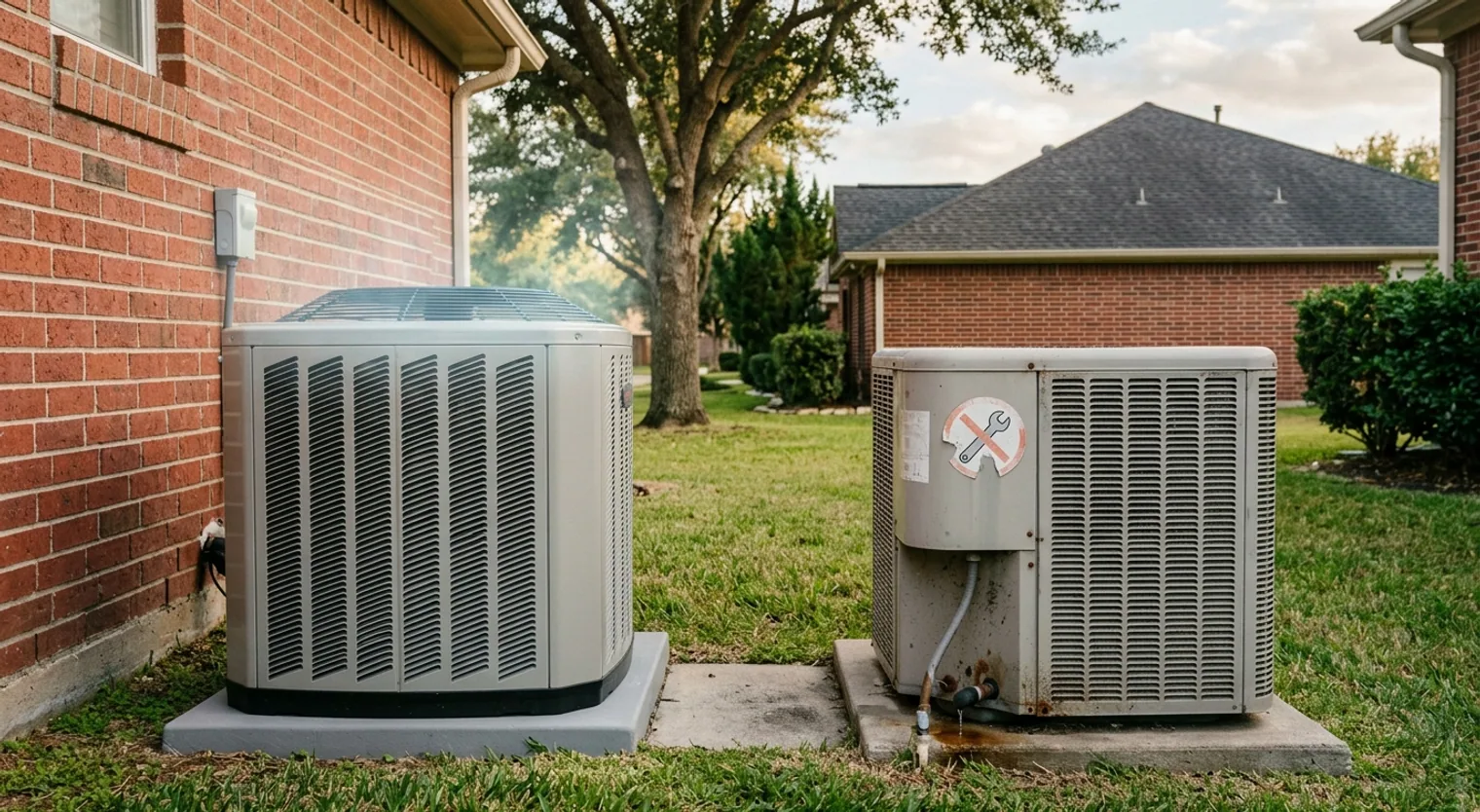 Comparison of a well-maintained outdoor AC unit versus one with a hidden leak, illustrating the importance of thorough AC diagnostics for Houston homes.
