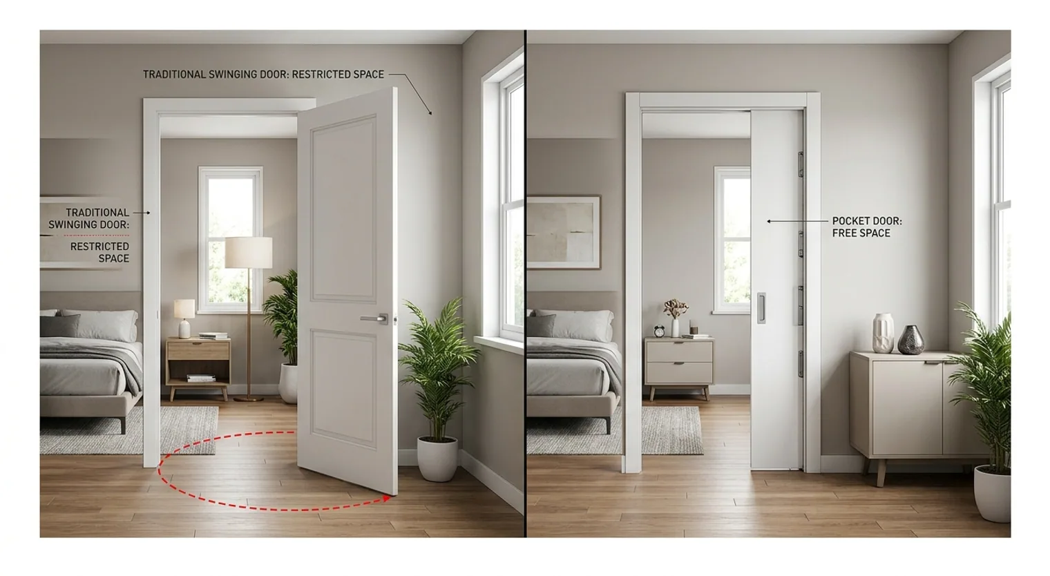 Comparison of a room with a traditional swinging door versus a room with a space-saving pocket door, illustrating increased usable area.