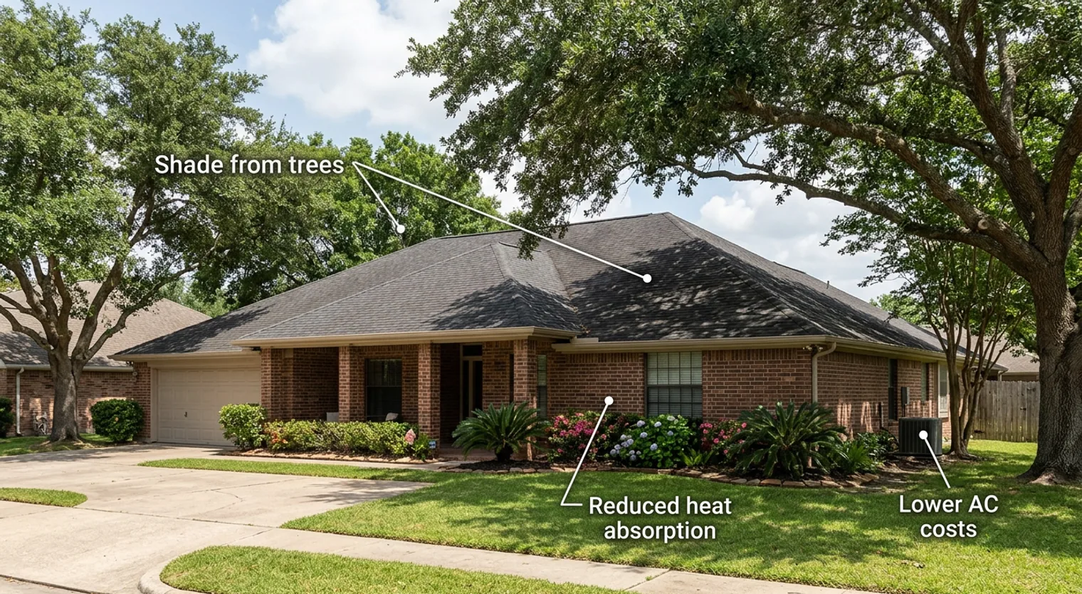 An annotated image of a Houston home shaded by mature trees, illustrating how natural shade reduces heat absorption and lowers air conditioning costs.