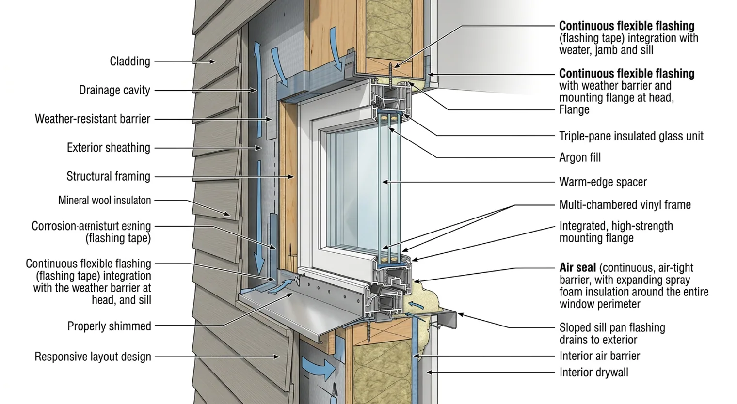 Cross-section diagram of a window installation showing proper sealing, insulation, and mounting flanges for optimal energy efficiency and weatherproofing.