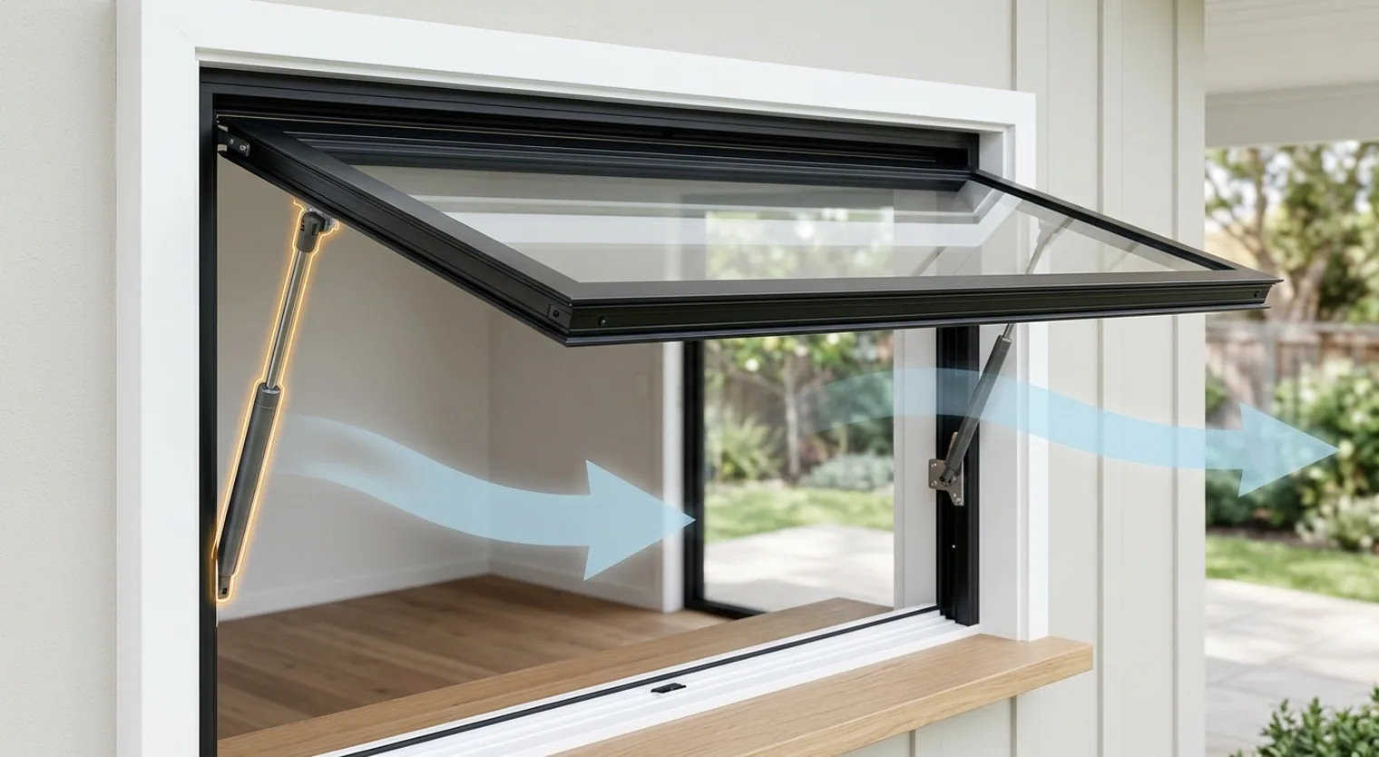 Diagram of a gas strut awning window fully open at 90 degrees, illustrating enhanced airflow and the gas strut mechanism.