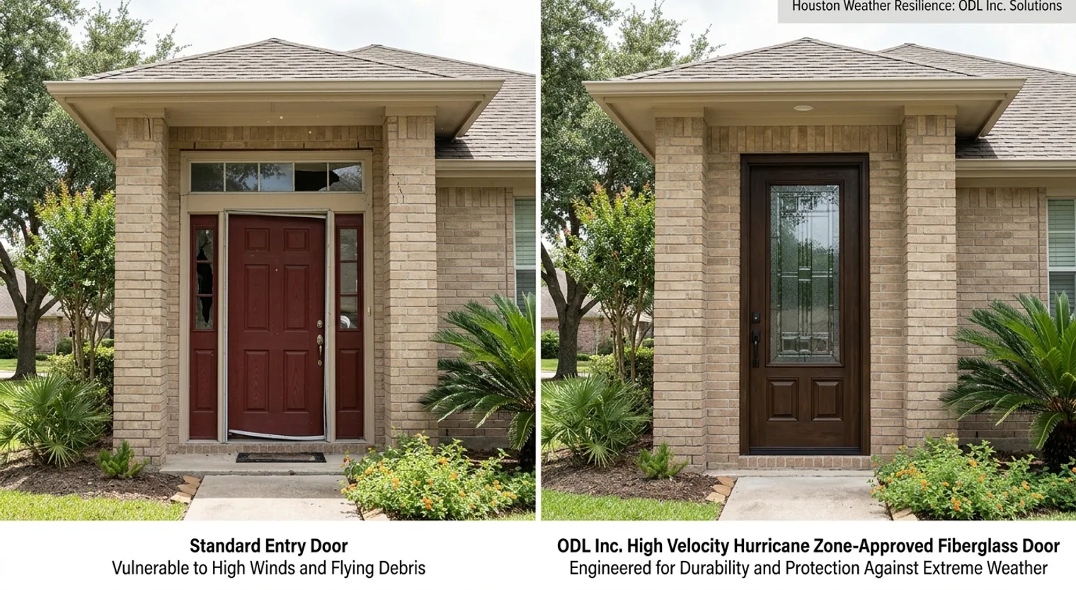 Comparison of a standard entry door versus an ODL Inc. High Velocity Hurricane Zone-approved fiberglass entry door, highlighting enhanced durability and weather resistance for Houston homes.